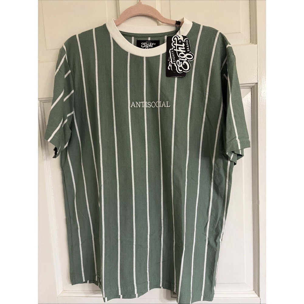Eighty Eight Brand Striped Sage "Antisocial" Embroidered T-Shirt